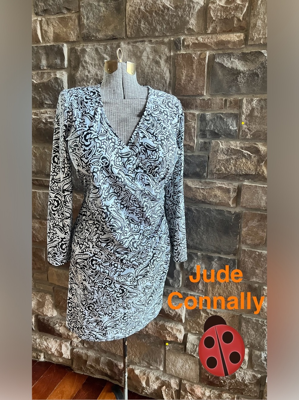 Jude Connally Navy & White Wrap-Style Long Sleeve Dress size L